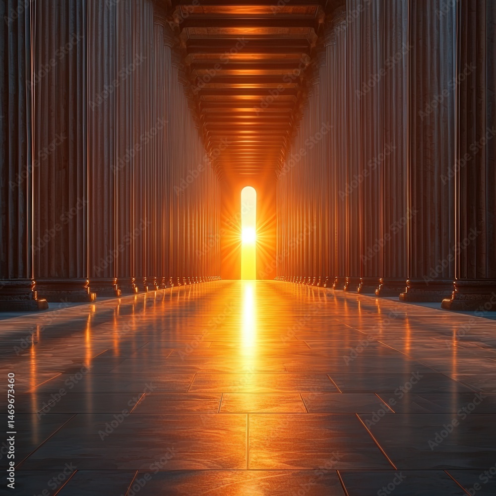Poster elegant walkway featuring grand columns leading towards a softly lit space at the end of the pathway