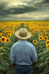 Fototapeta premium A farmer in a straw hat standing in a sunflower field, looking at the horizon with a peaceful expression.