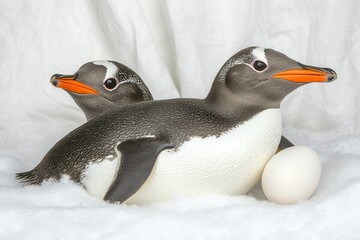 Two realistic penguin figurines nestled in soft snow with an egg nearby, creating a serene scene