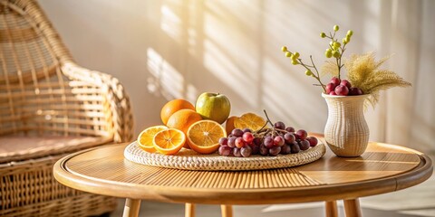 Naklejka premium Sunlit Still Life A Composition of Fresh Fruit and Dried Flowers on a Wooden Table Beside a Wicker Chair