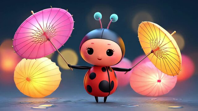 Cute ladybug holding colorful paper parasols