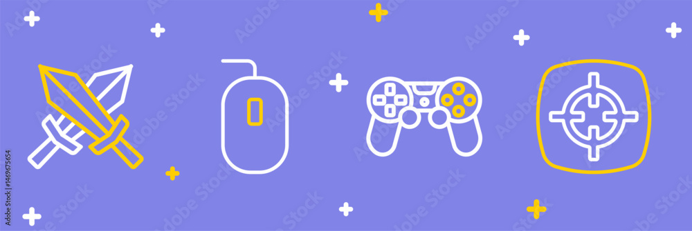 Poster set line target sport, game controller joystick, computer mouse and sword for game icon. vector