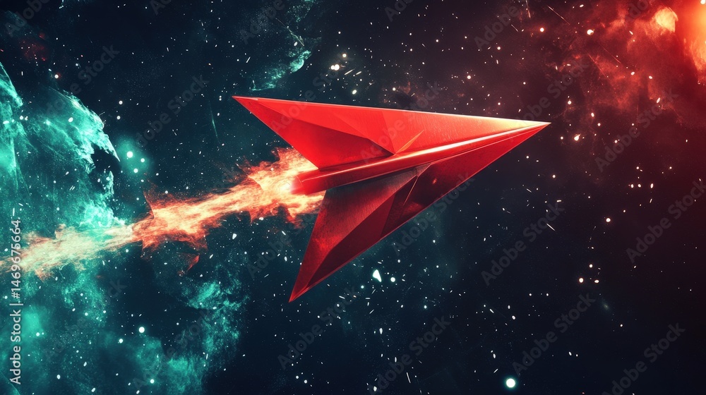 Poster a red arrow with a futuristic, metallic design soaring through a space-like environment, illustratin