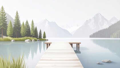 Lake View with Wooden Pier, Mountains and Forest