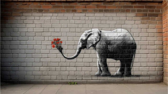 Elephant graffiti holding red flowers with trunk on brick wall