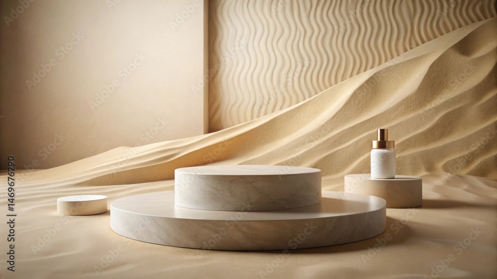 Aufkleber elegant display platforms on a sandy dune backdrop with a cosmetic bottle
