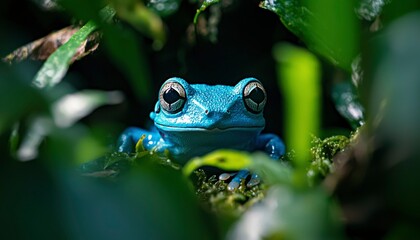 Obraz premium Vibrant blue frog in jungle foliage