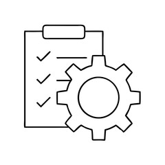 Task management icon with checklist and gear in thin line style.