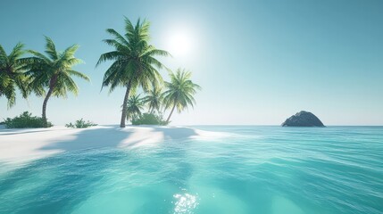 Fototapeta premium A remote tropical island surrounded by shimmering blue waters. Palm trees sway gently as waves lap against the pristine white sand beach, untouched by civilization