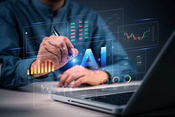 AI and data analysis for financial report with digital charts, dashboard, and virtual interface on...