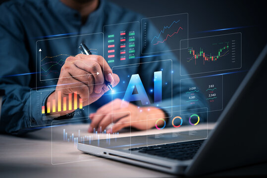 AI and data analysis for financial report with digital charts, dashboard, and virtual interface on laptop.Artificial intelligence and big data. business investment and stock market insights. - Powered by Adobe