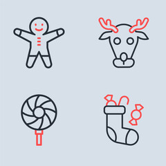 Set line Reindeer, Lollipop, Christmas stocking and Holiday gingerbread man cookie icon. Vector