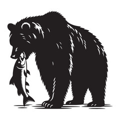 Balanced and grounded fishing grizzly silhouette representing wildlife harmony – fishing grizzly vector – fishing grizzly illustration – silhouette of fishing grizzly

