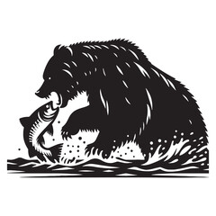 Patient and intense fishing grizzly silhouette ideal for capturing the wild essence – fishing grizzly vector – fishing grizzly illustration – silhouette of fishing grizzly

