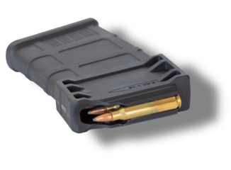 Drop shadow below a loaded rifle magazine for 5.56 caliber
