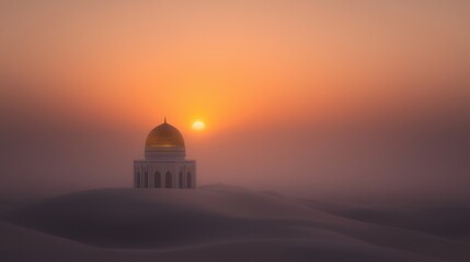 Obraz premium A mosque with a golden dome and white walls stands on a hill in a desert.
