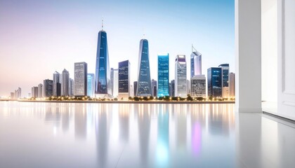 Obraz premium Cityscape View of Modern Buildings Reflected in Water