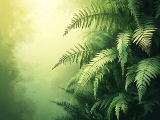 Naklejka premium Lush fern forest, misty morning light, nature's beauty, ideal for backgrounds, nature wallpapers