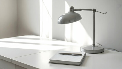 Minimalist Workspace with Silver Desk Lamp and Sunlight