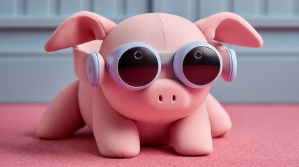 Naklejka premium Pink pig wearing headphones and sunglasses