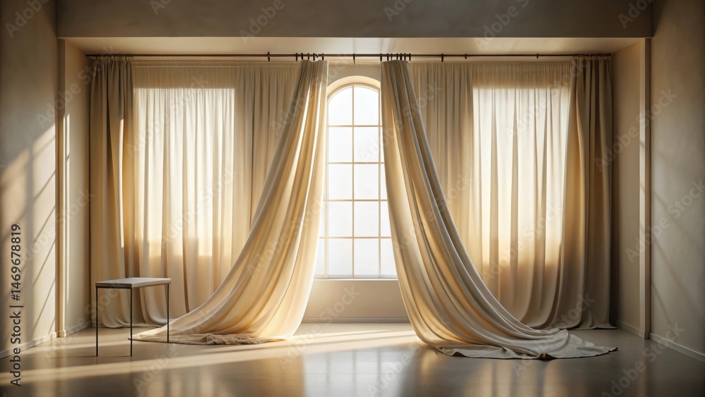 Aufkleber serene sunlight illuminates elegant draped curtains in a minimalist room with a single table