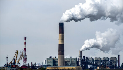 Obraz premium Industrial Smokestacks and Pollution in a Gray Sky