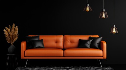 A modern living room with a black and orange sofa, a black and orange plant, and three black and orange pendant lights.