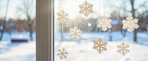 Intricately cut snowflakes hanging on frosted window, winter charm