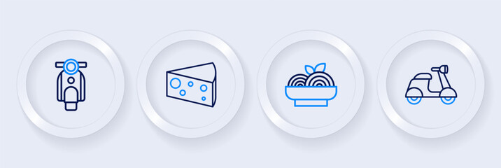 Set line Scooter, Pasta spaghetti, Cheese and icon. Vector