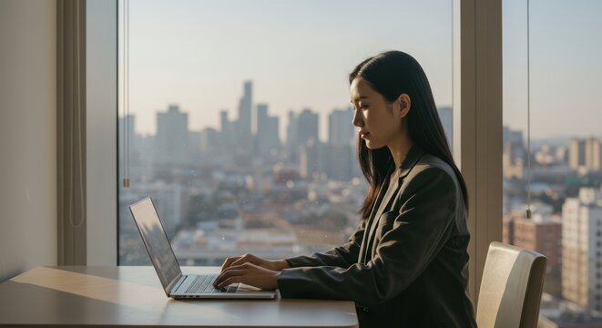 Woman working on laptop with city view