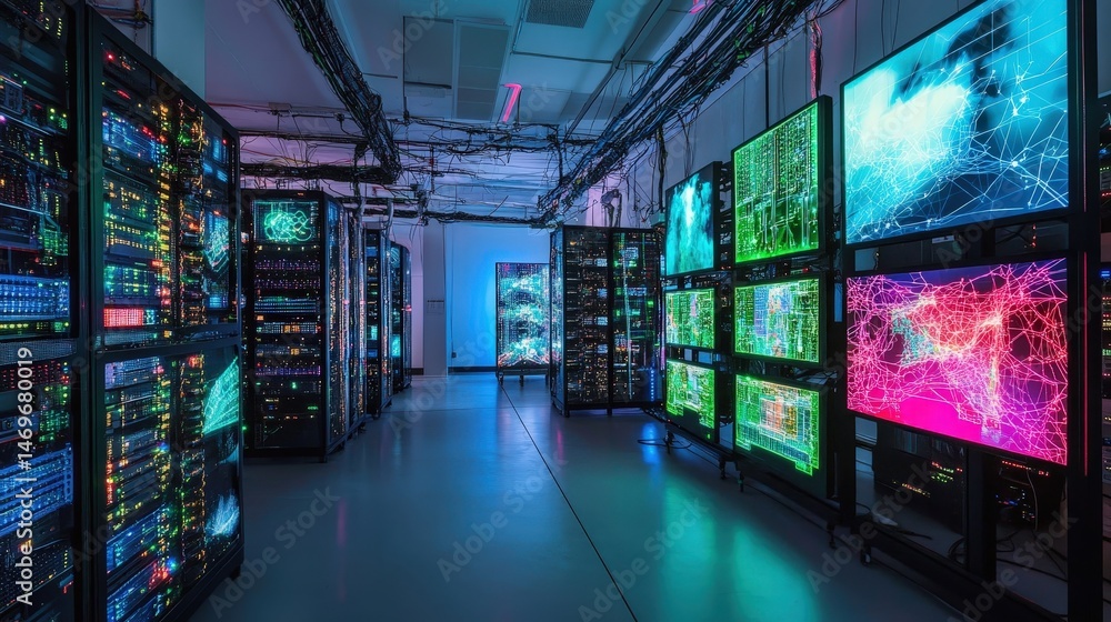 Poster a supercomputer room filled with towering server racks, glowing cables, and complex data visualizati