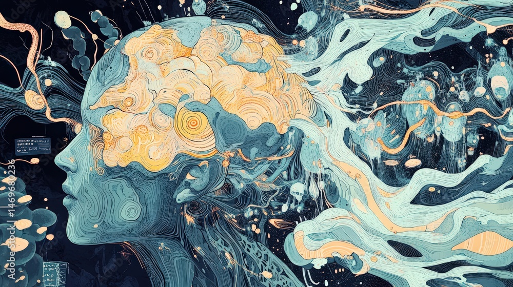 Poster a surreal depiction of artificial intelligence as a digital brain, with intricate patterns and algor