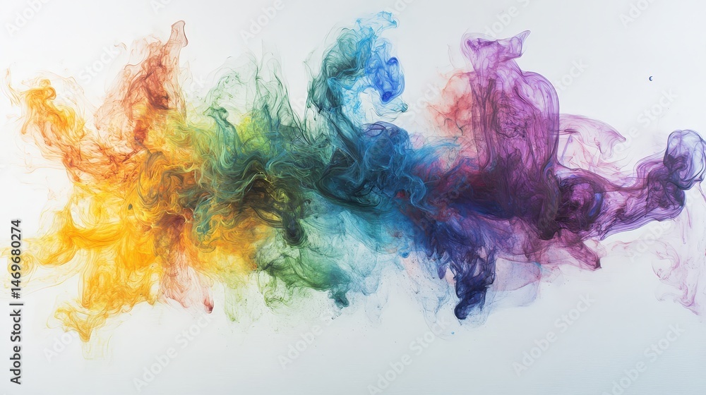 Poster a surreal fluid explosion of colorful ink in water, creating beautiful organic shapes in a soft, eth