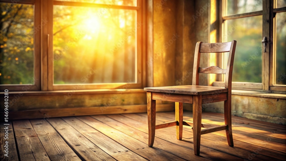 Poster golden hour illumination of a simple wooden chair in a rustic room with large windows