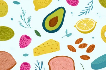 Colorful food pattern with avocado, lemon, cheese, and berries on light background