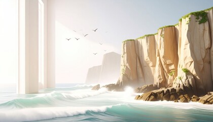 Cliff Ocean with Birds Wave and Bright Room