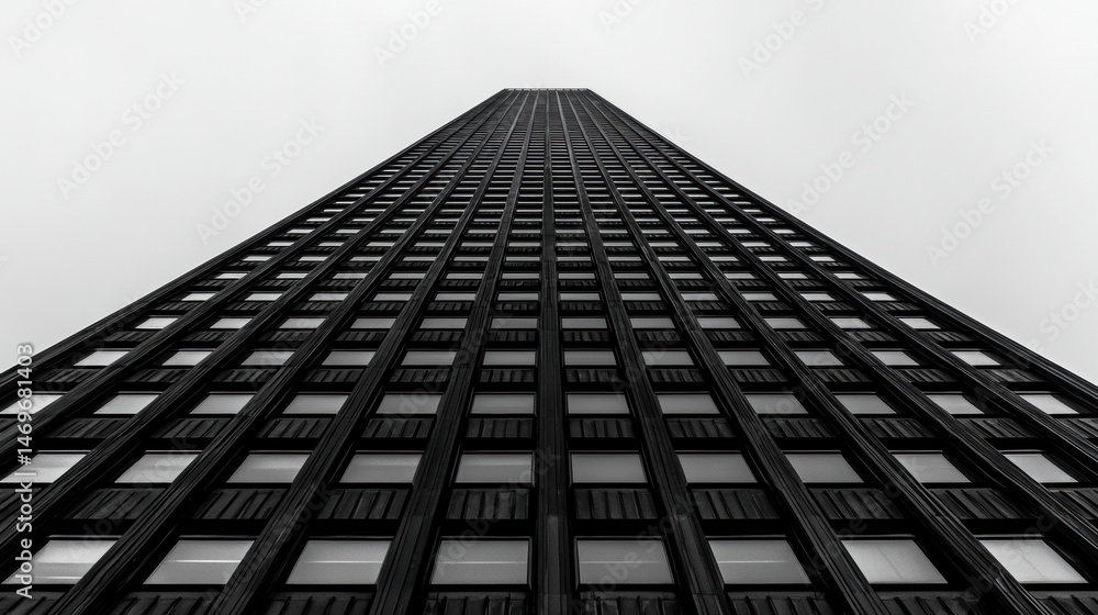 Poster the image shows a tall black skyscraper with a grid-like pattern of windows.