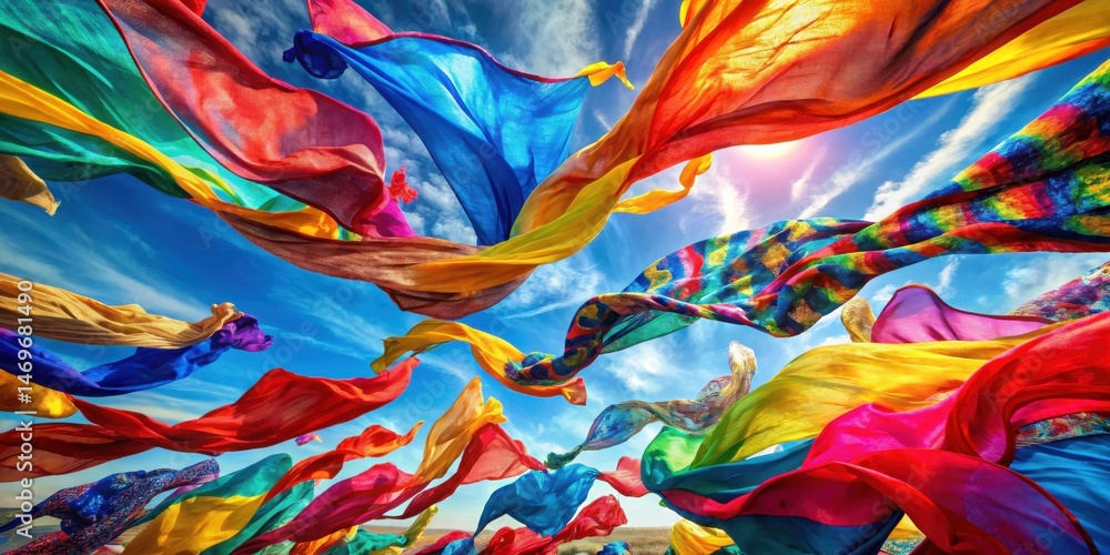 Aufkleber vibrant fabrics dance in the summer sky, a whimsical display of color and movement underneath a brig