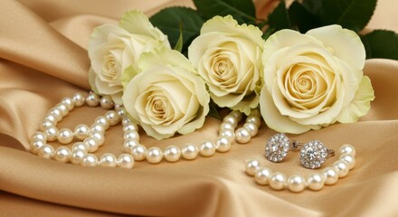 Elegant pearls and roses on satin