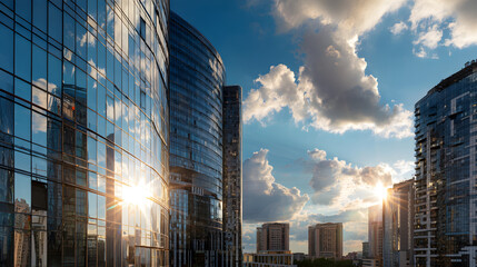 Fototapeta premium Modern city skyscrapers with sun reflection on glass surface