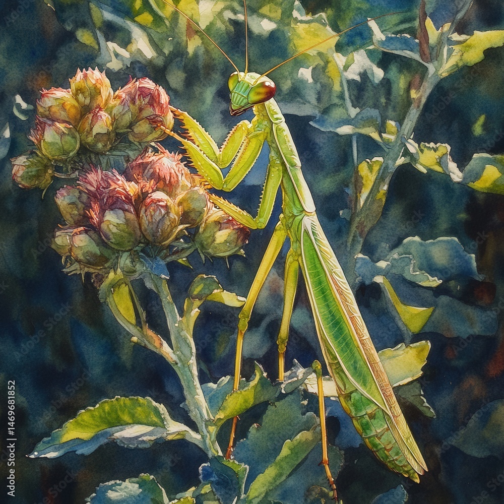 Poster praying mantis with its unique pose and intricate features captured against a soft natural backgroun