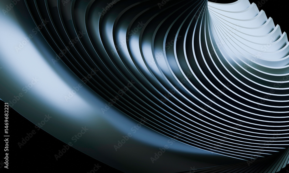 Poster abstract metallic spiral with fluid wave patterns on a black background