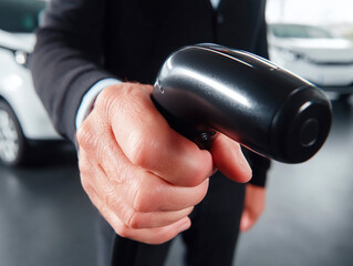Fototapeta premium Man in formal suit holding an electric vehicle charger at a car dealership or showroom