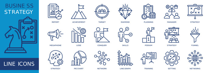 Collection of business strategy icons, related to report, planning, network and more. Outline icons vector illustation.