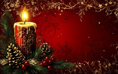 Festive candle with decorative pine cones and berries on a rich red background.