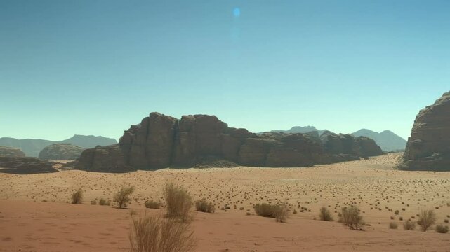 Jordan, panoramic view of Wadi Rum desert landscape.