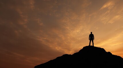 Silhouette figure atop a hill at sunset.