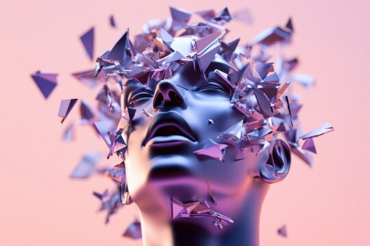 Abstract head exploding with geometric shapes