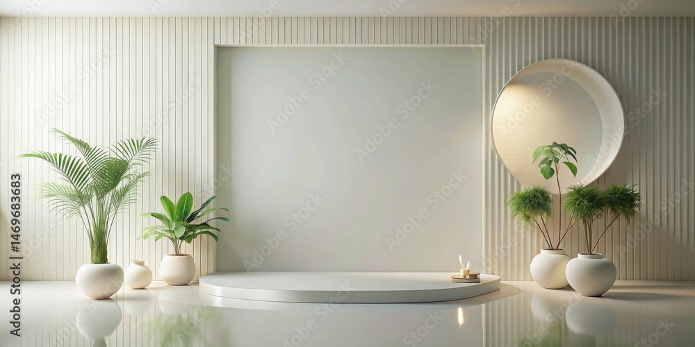 Poster serene minimalist interior design with elegant plants and a display platform