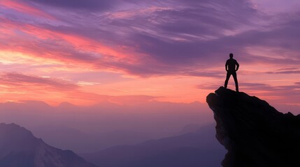Fototapeta premium Silhouetted figure atop a mountain peak at sunset.